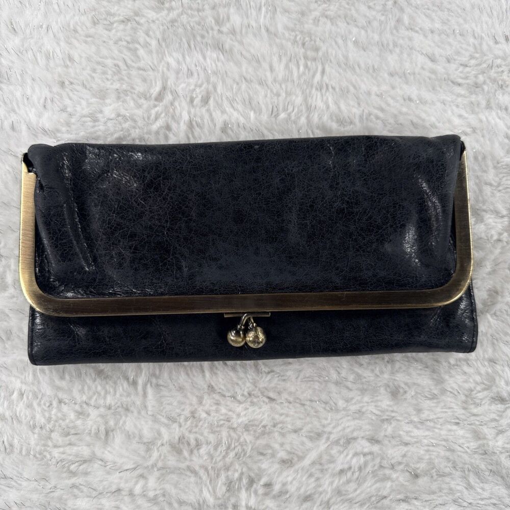 Hobo Black Solid Clutch Wallet, Kiss-Lock, Folding, ID Window, Coin Pocket 8”